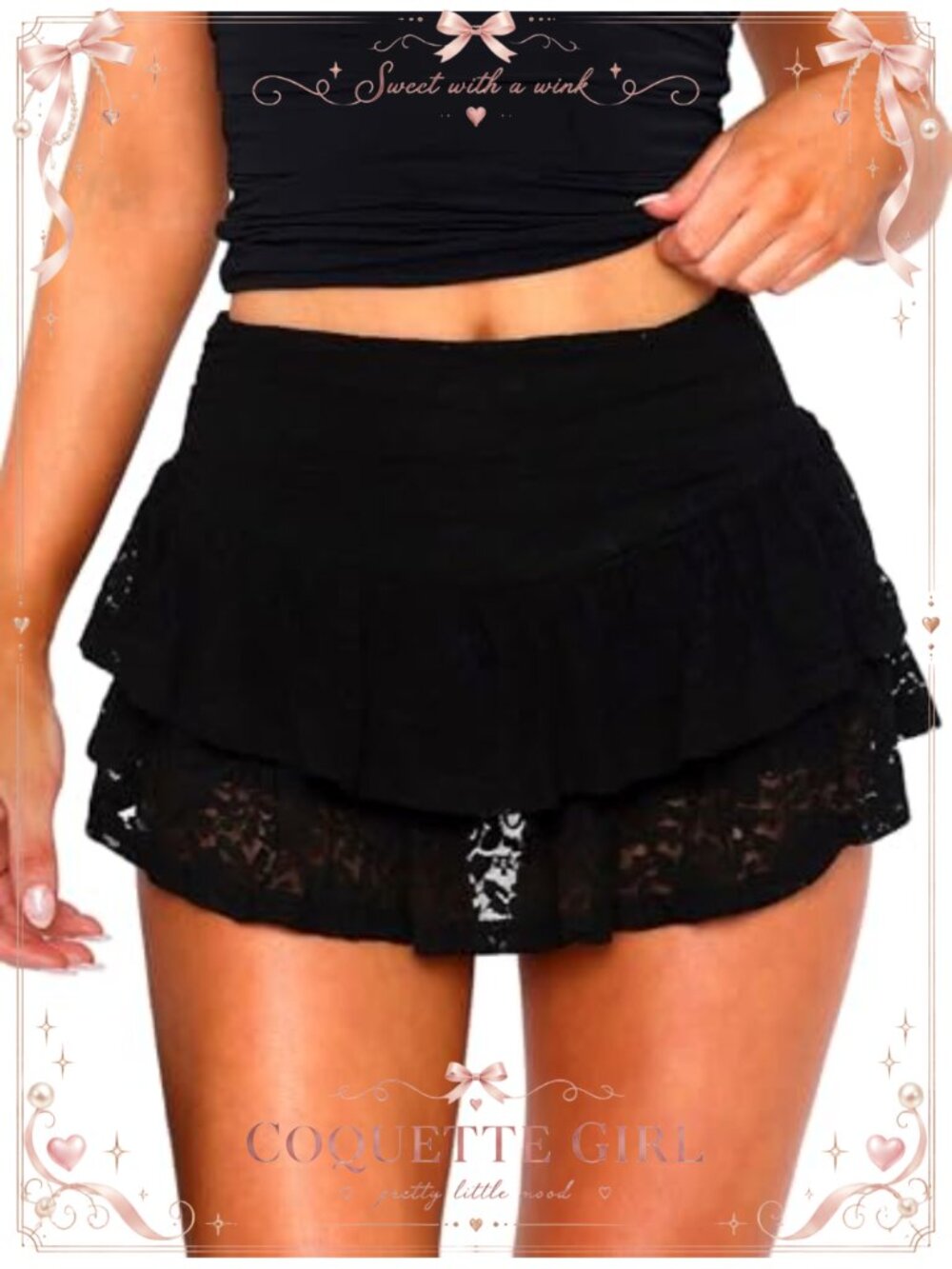 Pleated Lace Ruffle Mini Skort with Built-in Shorts High Waisted